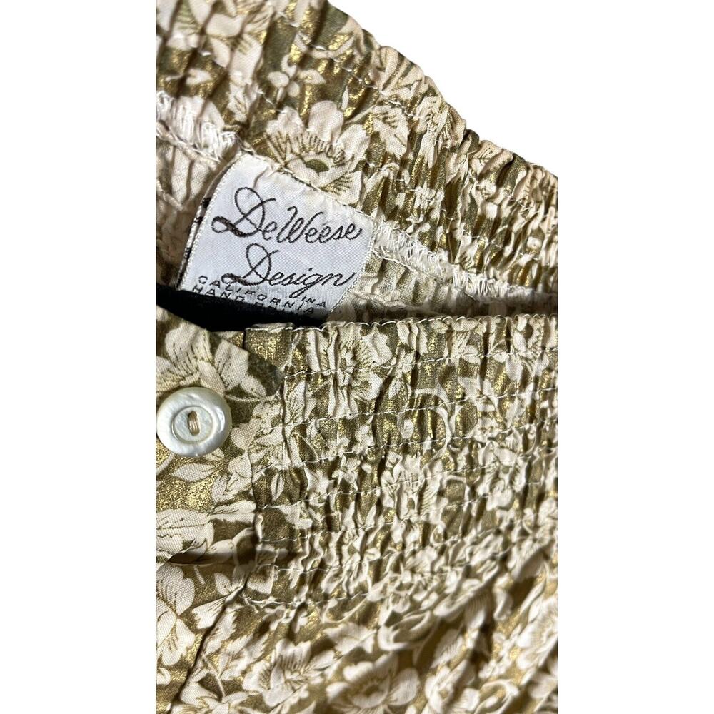 Vintage 50s DeWeese Designs Gold Shimmer Floral Smocked Boxy Cover Up Top Blouse - Picture 2 of 3